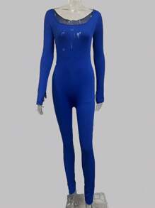 纯色罗纹针织长袖连体衣，透气 - 藍色 - 查看 2