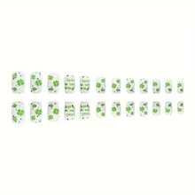 1盒24件啞面幸運四葉草沖壓假指甲,短款方形白底綠色幸運草設計,時尚的聖帕特里克節指甲藝術裝飾,適用於女士和女孩 - 綠色 - 查看 2