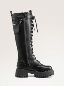 Women's Combat Riding Platform Knee High Boots, Lace Up Fall Lug Sole Gothic Motorcycle Boots With Inside Zipper - Black - View 9