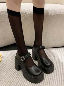 女士方跟高跟瑪莉珍鞋,圓頭和扣帶,黑色 - 黑色 - 查看 1