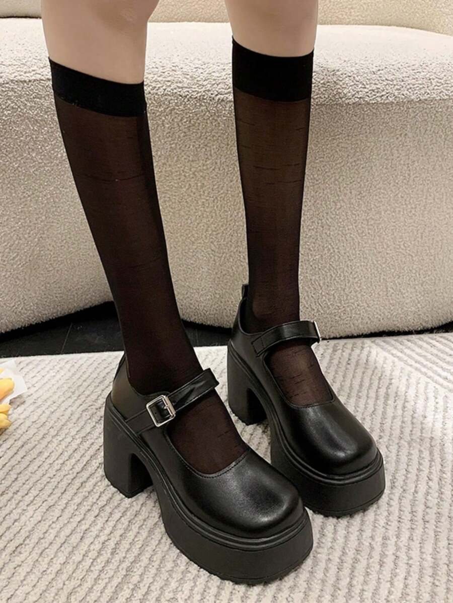 女士方跟高跟瑪莉珍鞋,圓頭和扣帶,黑色 - 黑色 - 查看 1