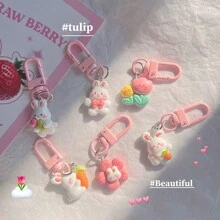 Cute 1pc Lovely Flower Themed Rabbit Carrot Keychain, Ins Style Sweet Gift For Besties, Backpack Decoration Jewelry Halloween - Pink - View 2