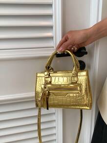 Mini Crocodile Pattern Fashionable Multi-Use Zipper Closure Handbag With Detachable Shoulder Strap For Women, Animal Print Women Bag - Gold - View 6