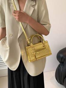 Mini Crocodile Pattern Fashionable Multi-Use Zipper Closure Handbag With Detachable Shoulder Strap For Women, Animal Print Women Bag - Gold - View 8