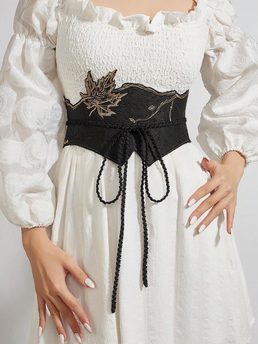 1pc Women's Black New Style Embroidered Maple Leaf Pattern Double Layered Tie Fabric Dress & Coat With Decoration Waistband, Slimming & Versatile, Suitable For Daily Use - Black - View 1