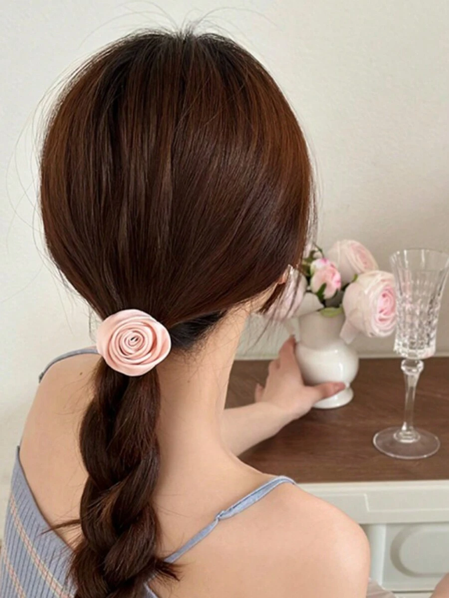 1pc French Elegant Rose Flower Elastic Hair Tie