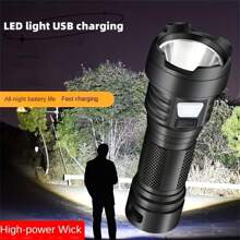 Led高亮手電筒,三種照明模式,usb智能快速充電手電筒,適用於戶外徒步旅行露營釣魚院子探照燈 - 黑色 - 查看 1