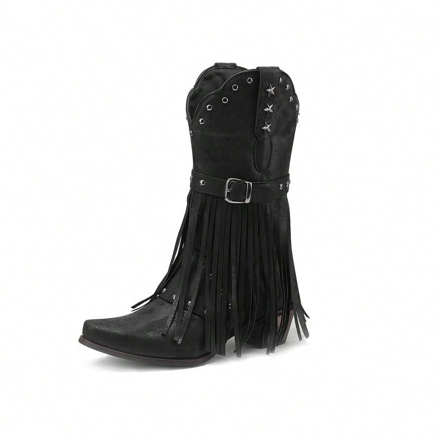 Women's Mid Calf Boots Pull On Cowboy Boots With Tassel Western Boots
