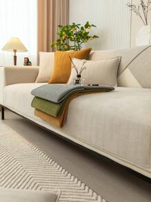 1pc Herringbone Pattern Snow-White Stretch Sofa Cover, Simple And Modern Style, For Living Room Or Bedroom, All Seasons, Sofa Decoration And Protection Pad - Beige - View 1