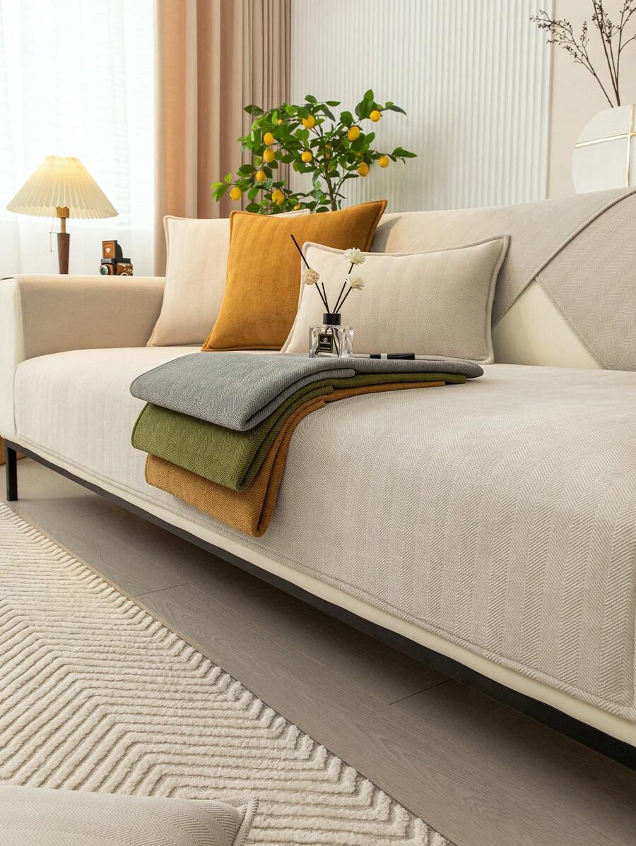 1pc Herringbone Pattern Snow-White Stretch Sofa Cover, Simple And Modern Style, For Living Room Or Bedroom, All Seasons, Sofa Decoration And Protection Pad - Beige - View 1