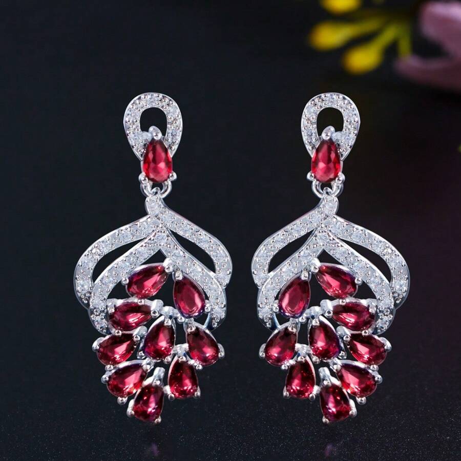 SEQUITO 2只精美红色立方氧化锆水晶镂空葡萄造型耳环，时尚镀银吊坠优雅饰品，适合作为女性和女孩的生日礼物