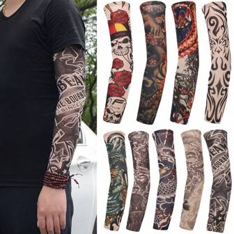 1 Pair Unisex Fake Tattoo Arm Sleeves, Breathable Ice Silk Arm Sun Protection Covers, Random Pattern Prints For Men And Women, Suitable For Summer Cycling And Driving Arm Warmers Autumn Outfits Halloween Costumes Black Arm Sleeve Gifts For Men