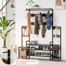 JAMFLY Parent-Child Hall Tree With Bench & Shoe Storage And Free Standing Coat Rack, Entryway Rack With Metal Frame And Hooks For Entrance, Foyer, Mudroom - màu nâu - Xem 4