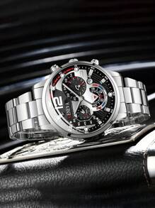 2pcs/Set Men Watch Men's Stainless Steel Quartz Watch Business Fashion Wristwatch With Gold Chain Bracelet, Date Feature - Silver - View 3
