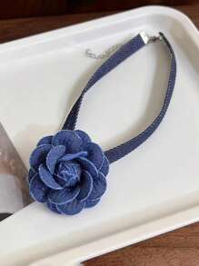 1 Peça Vintage Colar Gargantilha Corrente Clavícula com Flor de Rosa 3D de Denim
