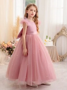 Váy dự tiệc cho bé gái tuổi teen có nơ, tay áo lưới bồng bềnh, váy công chúa thanh lịch, thích hợp làm quà tặng sinh nhật, tiệc, dạ hội, các dịp trang trọng, phù dâu, đám cưới, biểu diễn piano, biểu diễn ở trường, trang phục hàng ngày - Hồng - Xem 7