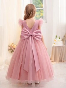 Váy dự tiệc cho bé gái tuổi teen có nơ, tay áo lưới bồng bềnh, váy công chúa thanh lịch, thích hợp làm quà tặng sinh nhật, tiệc, dạ hội, các dịp trang trọng, phù dâu, đám cưới, biểu diễn piano, biểu diễn ở trường, trang phục hàng ngày - Hồng - Xem 5