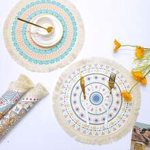 波西米亞風格餐墊餐桌墊棉質圓形杯墊,編織西方晚宴墊家用廚房隔熱防燙墊流蘇餐墊杯墊 - 軍綠色 - 查看 7