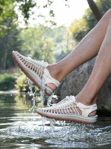 Sandales Tissées À La Main Pour Femmes Beige, Respirantes, Confortables, À La Mode Et Décontractées, Avec Un Design À Trous Orteils, Des Chaussures De Plage Pour Hommes Grandes Tailles, Idéales Pour Marcher