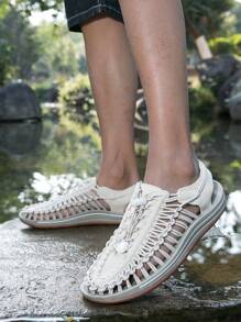 Sandales Tissées À La Main Pour Femmes Beige, Respirantes, Confortables, À La Mode Et Décontractées, Avec Un Design À Trous Orteils, Des Chaussures De Plage Pour Hommes Grandes Tailles, Idéales Pour Marcher