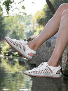 Sandales Tissées À La Main Pour Femmes Beige, Respirantes, Confortables, À La Mode Et Décontractées, Avec Un Design À Trous Orteils, Des Chaussures De Plage Pour Hommes Grandes Tailles, Idéales Pour Marcher