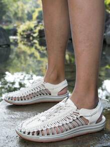 Sandales Tissées À La Main Pour Femmes Beige, Respirantes, Confortables, À La Mode Et Décontractées, Avec Un Design À Trous Orteils, Des Chaussures De Plage Pour Hommes Grandes Tailles, Idéales Pour Marcher