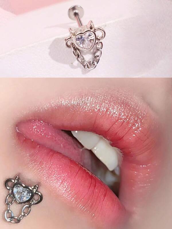 1pc Fashionable Stainless Steel Heart & Rhinestone Detail Chain Lip Stud, Women's Jewelry Valentines,Mom,Mother,Mother's Day,Gift