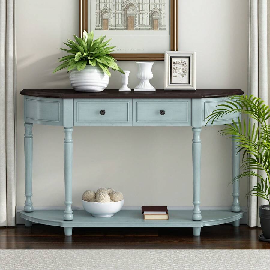 Nestfair Retro Wooden Console Table With Open Shelf Two Drawers
