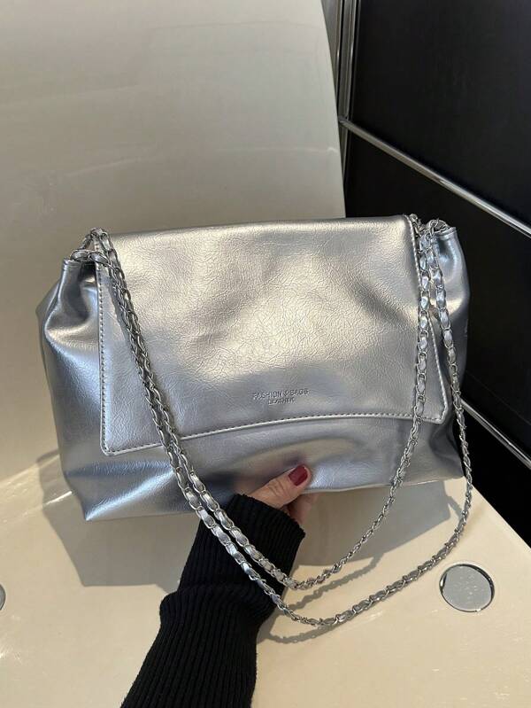 1 Pieza Retro Bolso Cuadrado Simple De Color Puro De Superficie Suave De Pu, Cadena De Metal, Hebilla Magnética, Solapa Con Cremallera Para El Hombro, Adecuada Para Uso Diario Casual Y De Viaje De Mujeres