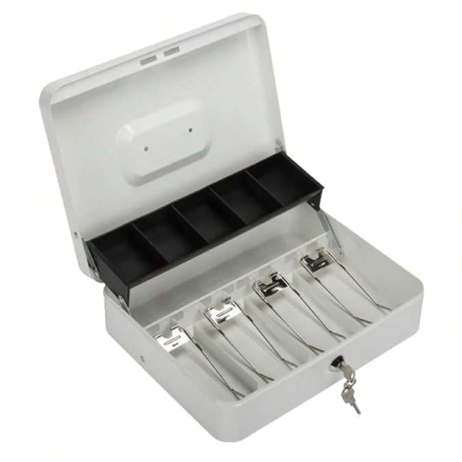 1pc, Locking Cash Box With Key Lock And Money Tray, Large Size,Money Box With Cash Tray For Business, Saving Money, Lock Box Safe For Money, Metal Material, Money Bank, Saving Bank Gift For All, Festival,Halloween Decor - White - View 1