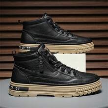 男士仿热衬里英式 PU 皮革工作鞋，复古百搭踝靴，休闲，高帮，韩式时尚风格，学生的理想选择