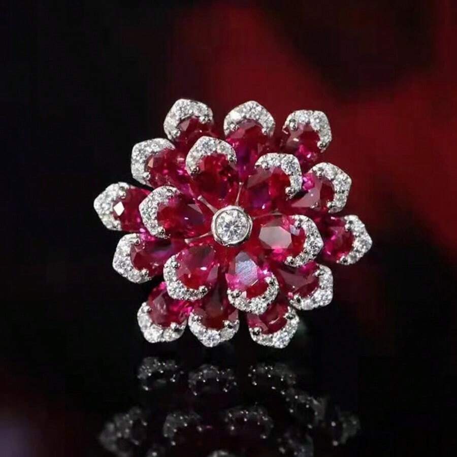 Nhẫn mạ vàng trắng thiết kế hoa Cubic Zirconia đỏ thanh lịch dành cho nữ dùng cho tiệc tối ngày lễ tình nhân - Đỏ - Xem 1