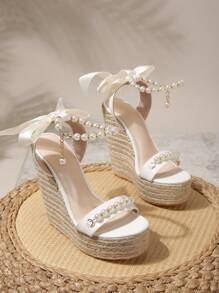 女式帆布坡跟凉鞋，配人造珍珠和稻草饰边，2024 年夏季新品，露趾，白色踝带配扣，罗马风格情人节 - 白色 - 查看 7