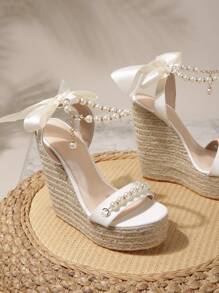 女式帆布坡跟凉鞋，配人造珍珠和稻草饰边，2024 年夏季新品，露趾，白色踝带配扣，罗马风格情人节 - 白色 - 查看 3