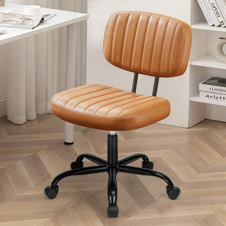 Sweetcrispy Small Armless Office Chair PU Leather Small Desk Chair Height Adjustable Stylish Vanity Chair With Wheels Computer Chair No Arms For Home Or Office