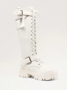 Women's Combat Riding Platform Knee High Boots, Lace Up Fall Lug Sole Gothic Motorcycle Boots With Inside Zipper - trắng - Xem 8