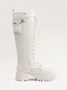 Women's Combat Riding Platform Knee High Boots, Lace Up Fall Lug Sole Gothic Motorcycle Boots With Inside Zipper - trắng - Xem 6