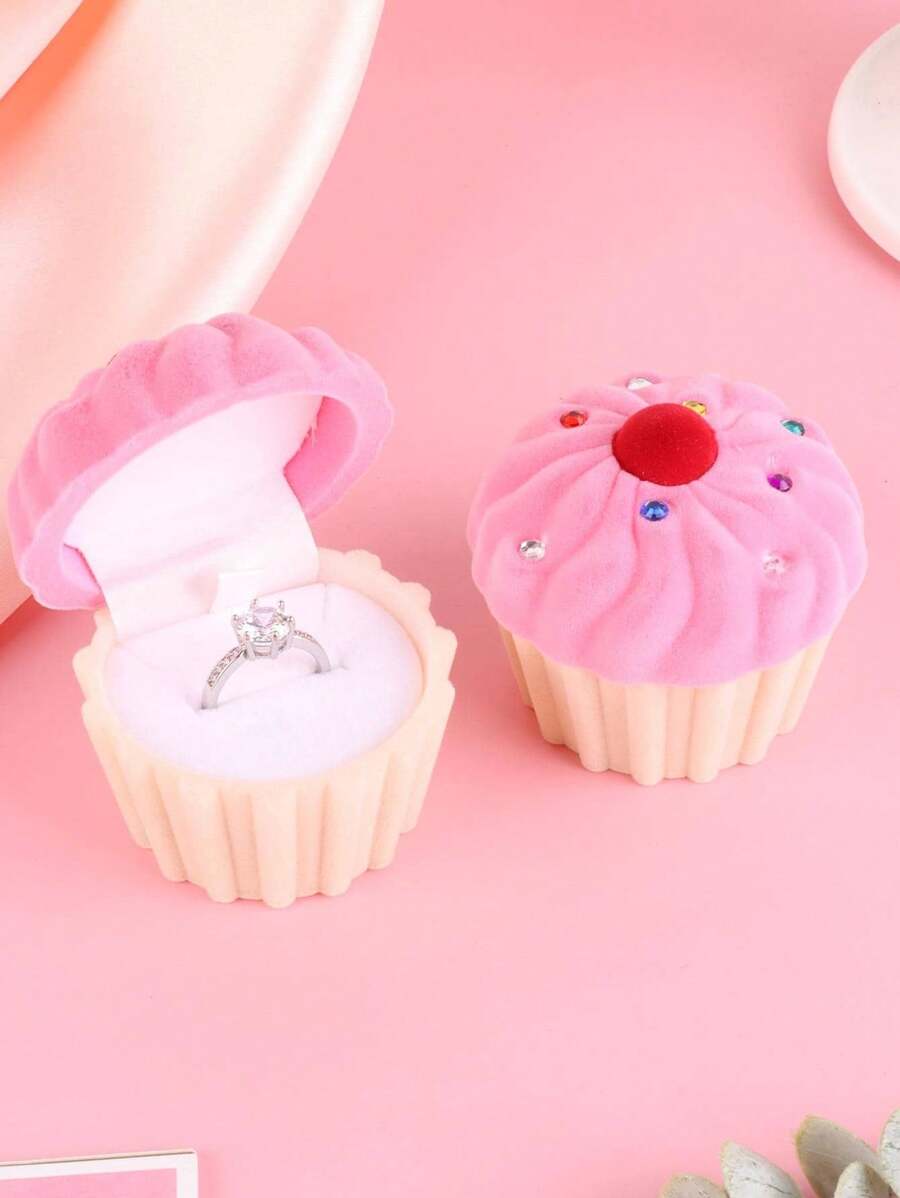 1pc Floral Cake Shaped Jewelry Box, Velvet Gift Packaging For Earrings, Studs And Rings, Gift For Valentine's Day - Pink - View 1