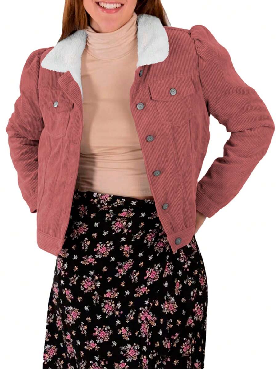 Shendy Vendy Women's Short Corduroy Jacket With Shearling Lining - 紫紅色 - 查看 1