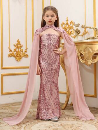 Tween Girl's Sequins Patchwork Cape Sleeve Fish Tail Dress Formal Suit