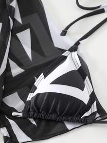 3 件套女士比基尼泳装，热带植物印花吊带领三角上衣泳装套装，带褶饰纱笼裙罩衫 - 黑色 - 查看 7