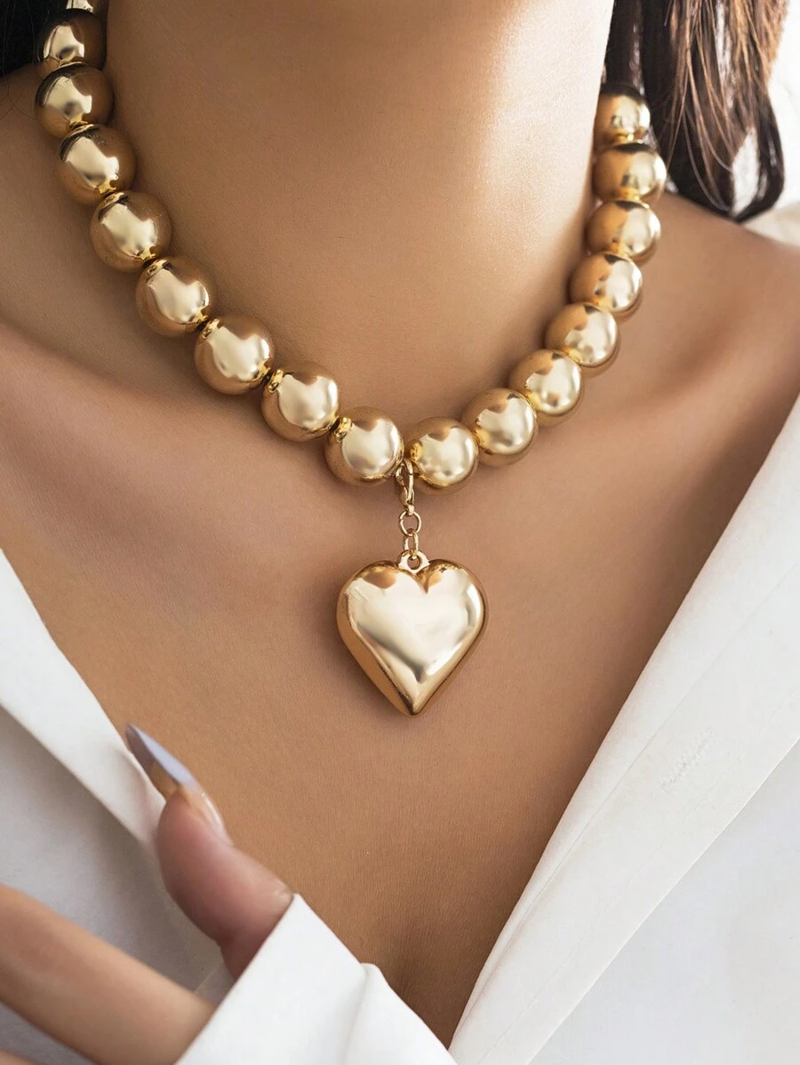 1 件簡約時尚龐克風格 Ccb 串珠項鍊套裝帶心形吊墜、鎖骨鏈項鍊適合女士日常穿著和派對裝扮 - 銀色 - 查看 1