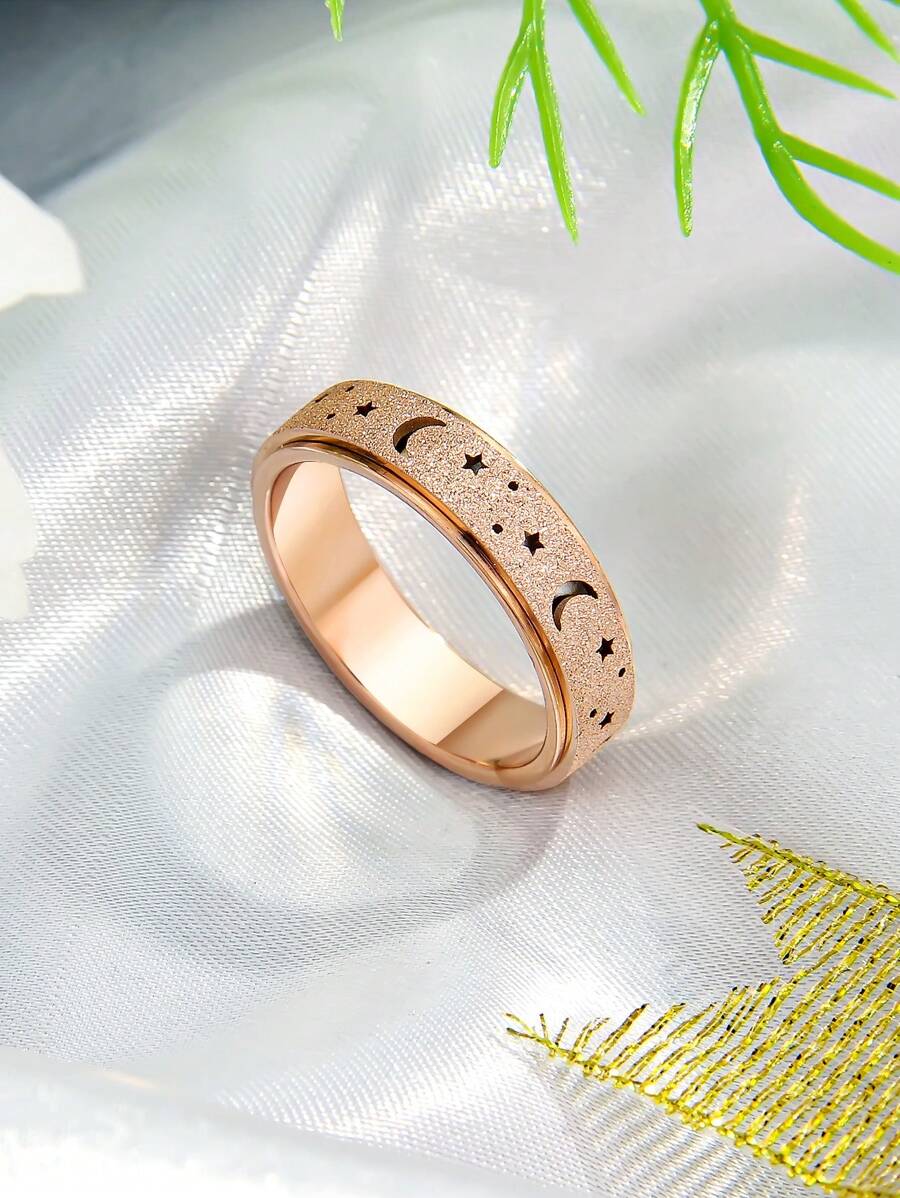 1枚緩解壓力星月形空心高拋光不鏽鋼玫瑰金色旋轉戒指,適合女性和男性日常佩戴、情人節、嘉年華禮物 - 玫瑰金 - 查看 1