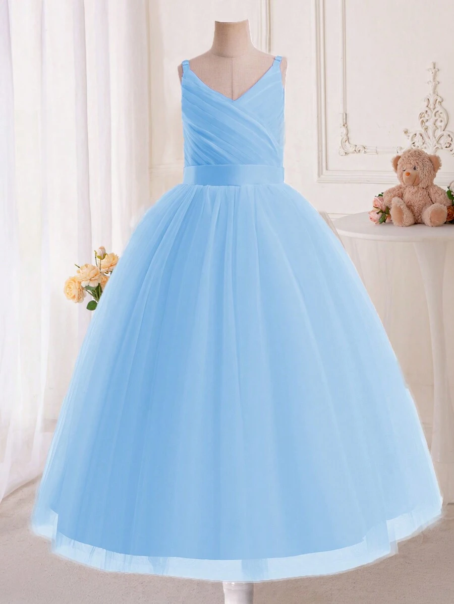 Girls Spaghetti Strap Tulle Dress, Suitable For Flower Girl, Wedding, Prom, Graduation, Evening Gown, Summer - Baby Blue - View 1