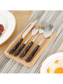 Juego de cubiertos de 24 piezas, mango de cerámica, cuchillo, tenedor, cuchara y cuchara con estante, juego de cubiertos dorados y plateados, vajilla - Rosa - Ver 5