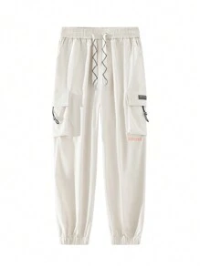 Japanese Style Men's Loose Fit Cargo Pants, Spring/Autumn Edition Elastic Cuff Cropped Casual Pants - White - View 1