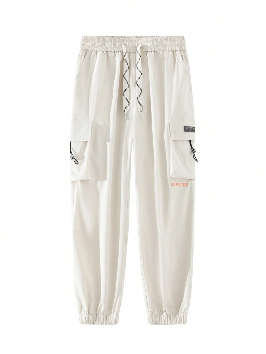 Japanese Style Men's Loose Fit Cargo Pants, Spring/Autumn Edition Elastic Cuff Cropped Casual Pants - White - View 1