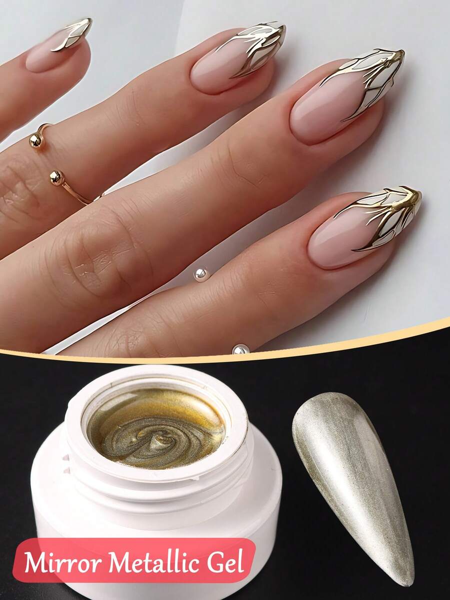 1入組10ml鏡面香檳金金屬塗料美甲膠，繪製花朵法式線條，金屬銀色閃閃發光的鏡面亮粉UV/LED凝膠 - 香檳色 - 查看 1