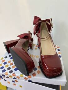 女式酒紅色專利皮瑪麗珍鞋，帶蝴蝶結裝飾，適用於春季 - 酒紅色 - 查看 5