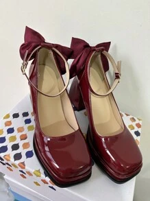 女式酒紅色專利皮瑪麗珍鞋，帶蝴蝶結裝飾，適用於春季 - 酒紅色 - 查看 1